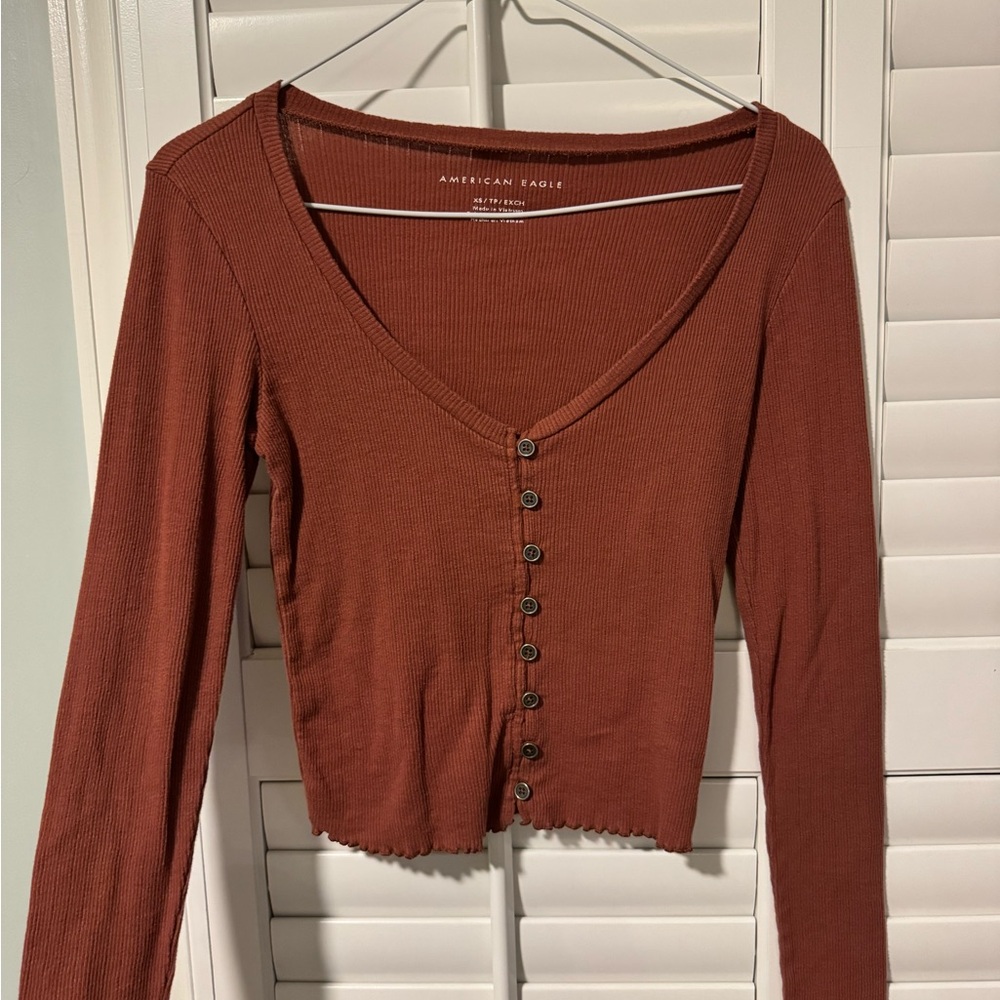 American Eagle Outfitters Women's Brown Tight Ribbed Long Sleeve with Buttons